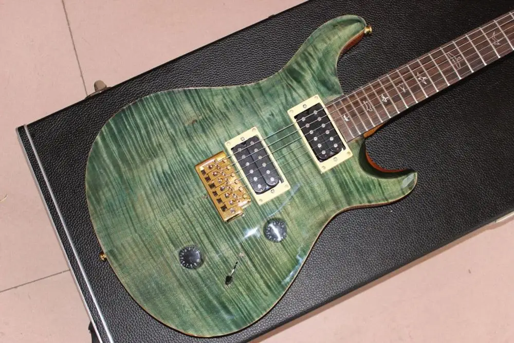 Электрическая гитара с футляром. Зеленый Цвет Тигр Пламя Топ гитары. Ручной