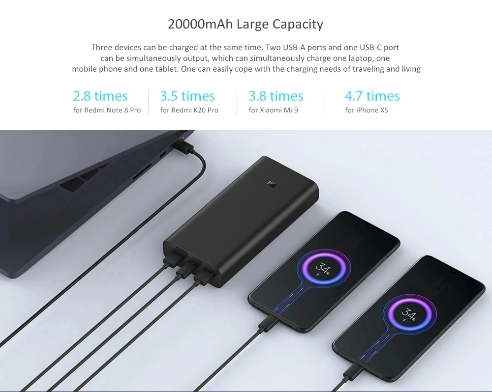 Xiaomi power Bank 3 Pro USB-C, двойной USB, 50 Вт, флэш-зарядка, 20000 мА/ч, внешняя мощность для iPhone 11 Pro, ноутбука, Xiaomi, huawei