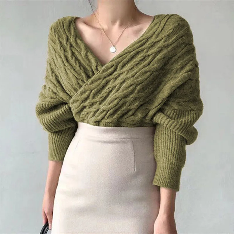 

2021 Spring New Women Knitted Sweaters V-Neck Cross Loose Pullover Ladies Tops Korean 5 Colors Knitwear Jumpers Pull Femme W261