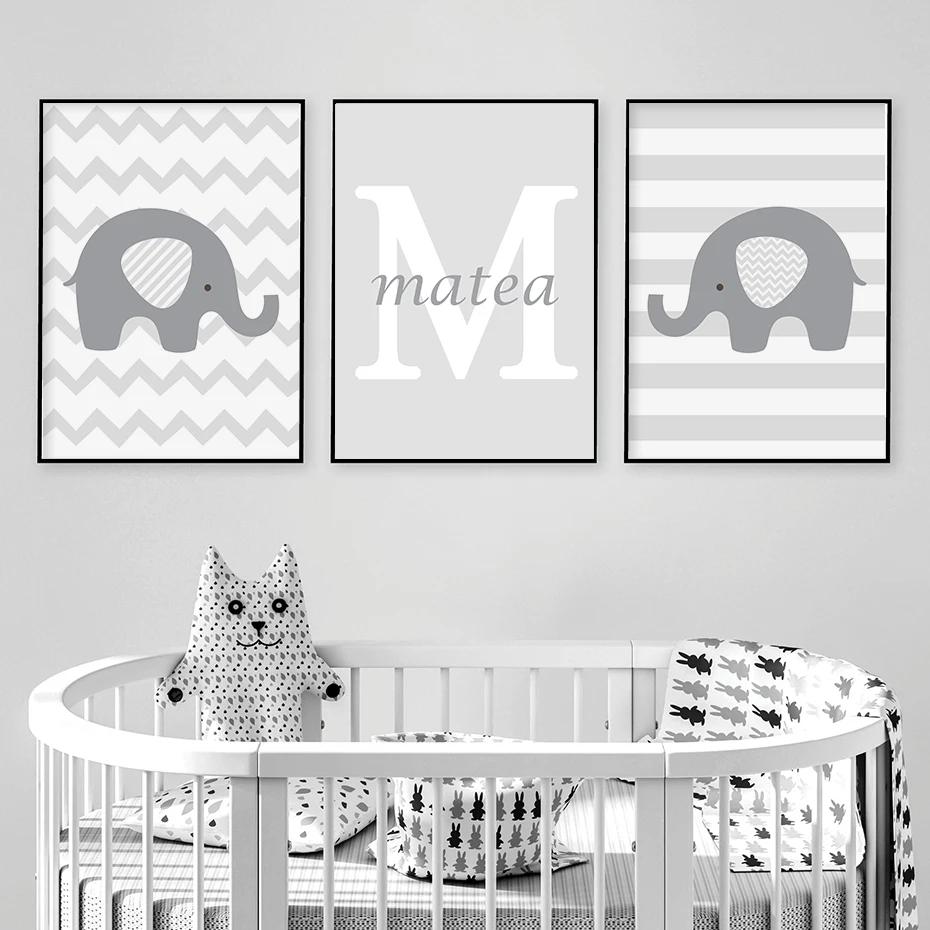 

Nursery Wall Art Poster Baby Elephant Personalized Child Name Canvas Painting For Kids Bedroom Custom Decoration Pictrue Decor