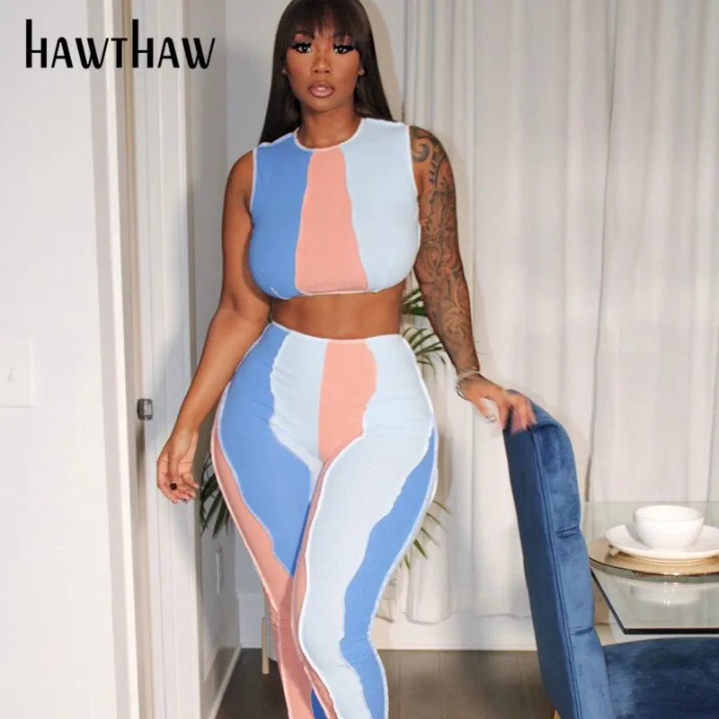 

Женская летняя спортивная одежда Hawthaw, разноцветный лоскутный Топ и длинные брюки, комплект из двух предметов, женская одежда, уличная одежд...