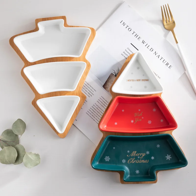 

Christmas Tree Plate Dessert Fruit Plate Candy Plate Creative Mixed Color Christmas Tree Ceramic Snack Plate With Bamboo Plate
