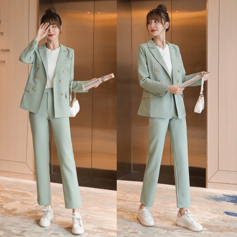 

2021 New Korean Style Women Set Vintage OL Pant Suit Blazer Jacket and High Waist Pant OfficeWear Female Outfits Suits