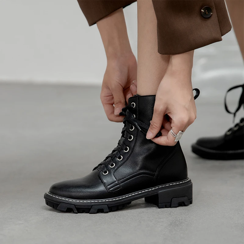 

COVIBESCO Genuine Leather Women Ankle Boots 2021 Autumn Winter Newest Cross-Tied Shoes Woman Thick Heels Outdoor Casual Boots