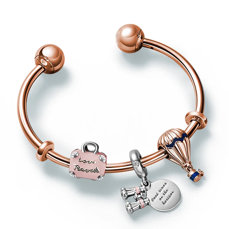 

2020 100% 925 Sterling Silver For Love Departure Hot Air Balloon Travel Bag Telescope Charm Rose Gold Bracelet Set ZT0381