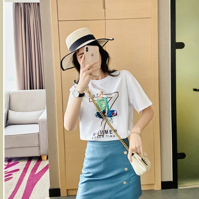 

Модная женская летняя футболка GGRIGHT с корейским принтом 2020, белые хлопковые женские футболки, повседневная футболка в стиле Харадзюку, женс...