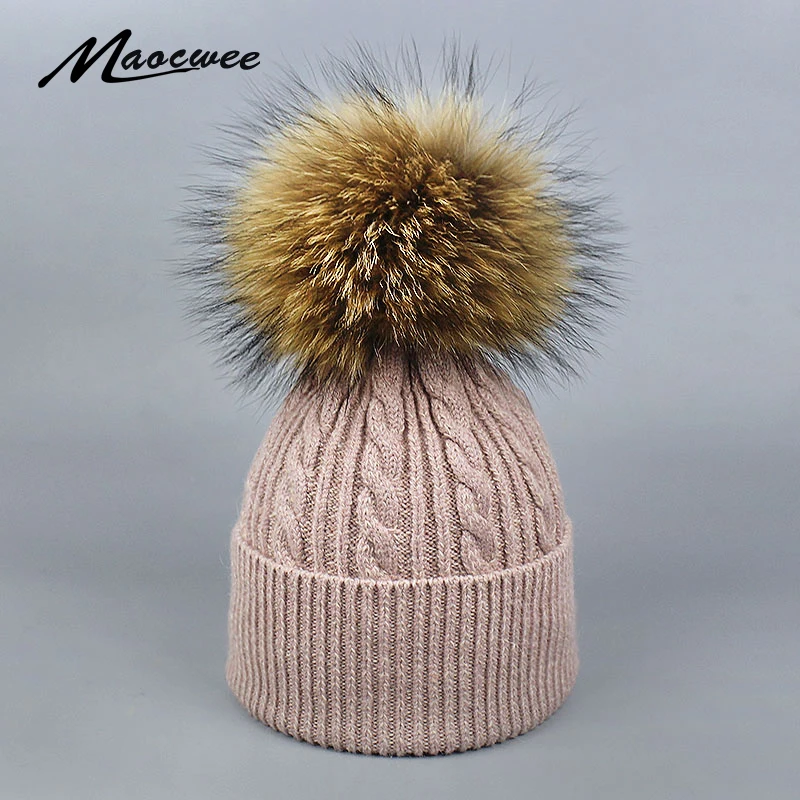 

Шапка вязаная с помпоном, для мужчин и женщин, Осень-зима, теплая шапка из натурального меха енота, большой размер с помпонами