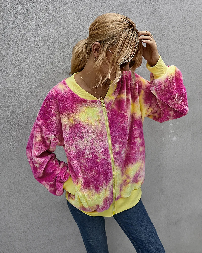 

hirigin Autumn Winter Tie Dye Faux Fur Coat Women Long Sleeve Soft Fleece Jacket Zipper Streetwear Warm Outwear 2020