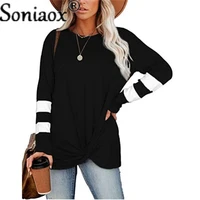 2021 spring autumn women o neck color block long sleeve folds pullover top summer casual loose street t shirts blouse