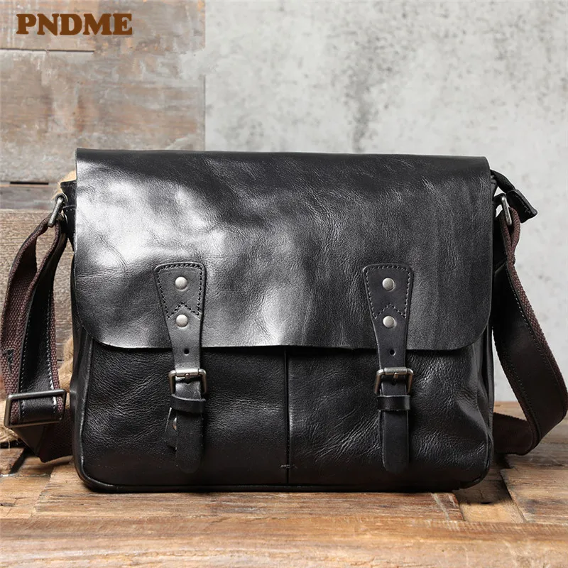 PNDME casual luxury natural genuine leather men's messenger bag daily work real cowhide black tablets A4 document shoulder bag