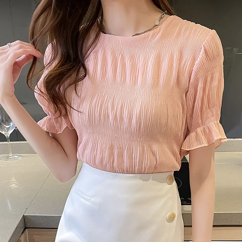 

Blusas Mujer De Moda 2021 Short Sleeve Chiffon Pink Casual Shirts White Blouse for Women Tops Female Solid Dropshipping 0667