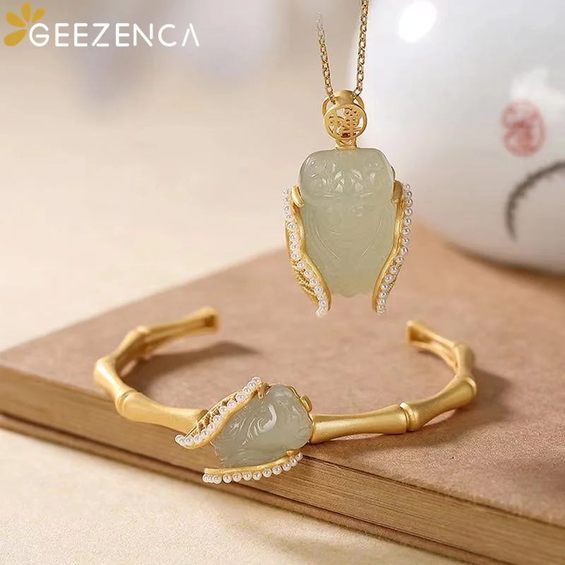 

GEEZENCA S925 Silver Gold Plated Natural Jade Cicada Bangle Necklace Vintage Chinese Style Gemstone Jewelry Set Gift