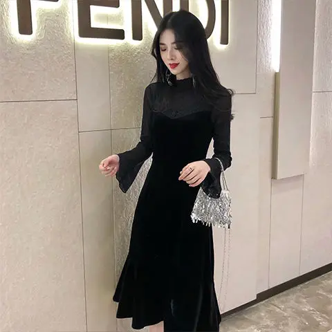 Женские платья весенне-осеннее бархатное платье большого размера с кружевной