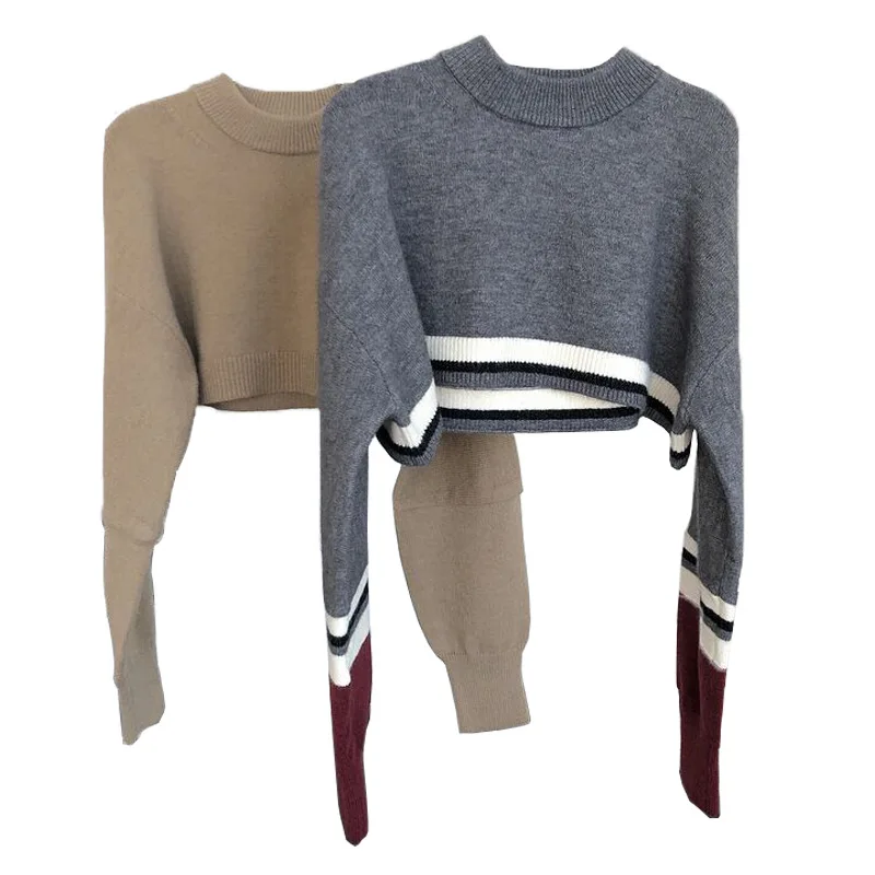 

Women Autumn Fashion New Casual Slim Spliced Crop Sweater Female Short Brand Comfortable Pullovers Ladies Street Style Top ML492