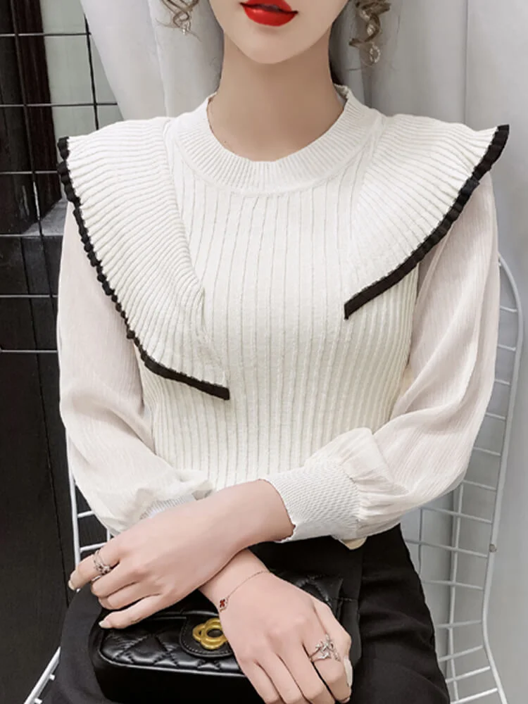 Ruffle knit T-shirt round neck long sleeve 2021 new autumn women's Chic French top temperament high-end small shirt