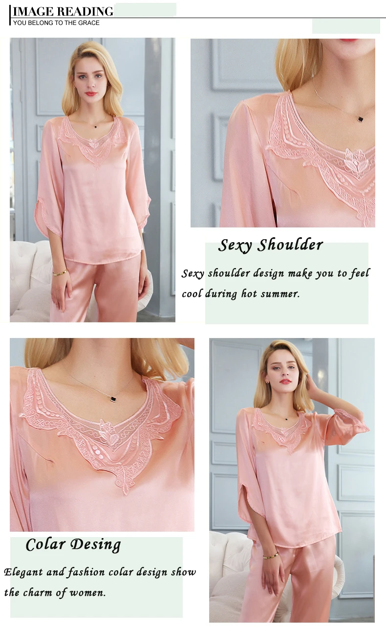 Mulbery silk Pajama sets women half sleeve 2pcs suit sleepwear Real Silk female solid home wear lace decoration round-neckline