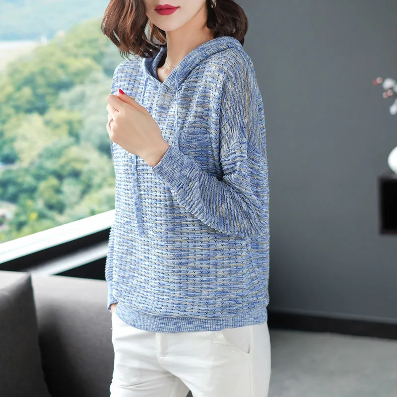 Женский пуловер с капюшоном повседневный ажурный джемпер длинными рукавами