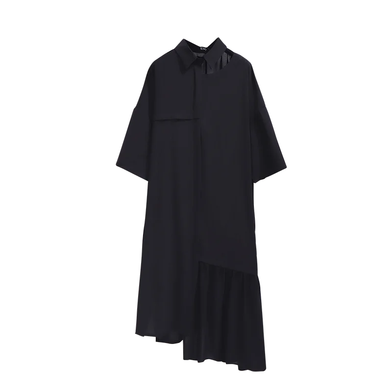 

4XL Plus Size Women Black Asymmetric Dress Summer 2021 Hollow Out Turn-down Collar Short Sleeve Loose Chiffon Ruffle Dresses