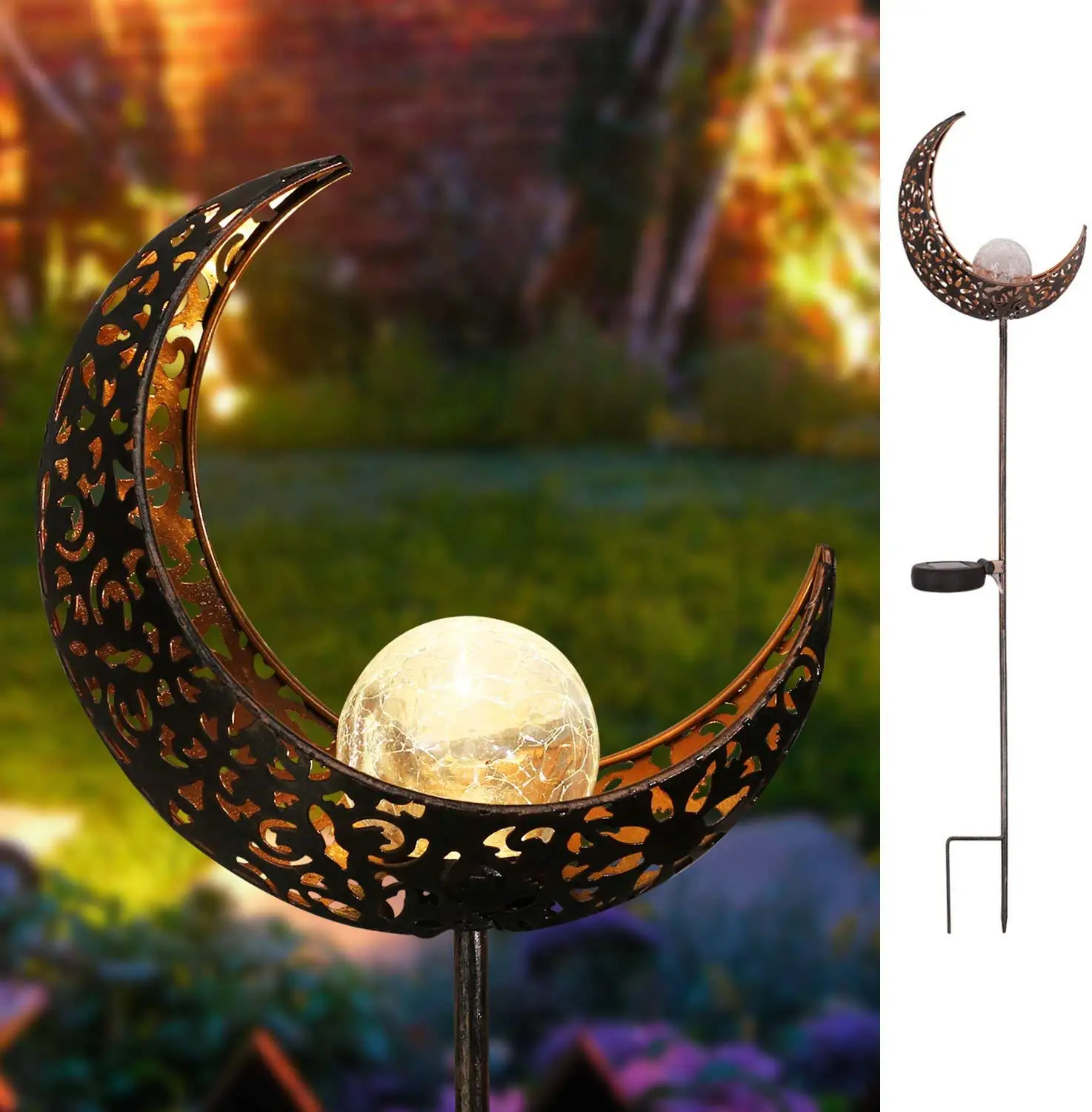 Antique Brass Hollow-Carved Metal Moon with Warm White Crackle Glass Globe Stake Lights Waterproof Outdoor for Lawn Patio Yard | Освещение