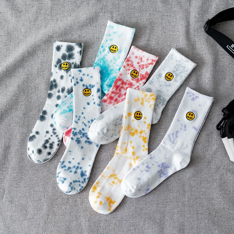 3 Pairs/Box Tie-dye Smile Face Embroidery Stockings Cotton Harajuku Dot Fashion Hip Hop Skateboard Gifts Men Women Long Socks
