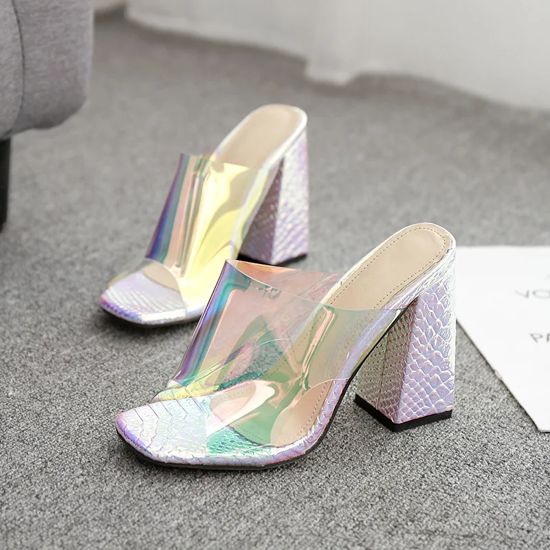 

Flat Shoes Female Candy Colors Square heel Ladies' Slippers Slipers Women Heeled Mules Block 2021 High PU Basic Rubber Fabric Fr