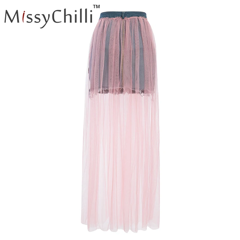 MissyChilli сетчатые Лоскутные юбки джинсовые с разрезом сексуальные летние пуговицы белая юбка с высокой талией женская уличная неоновая джинсовая юбка на пуговицах