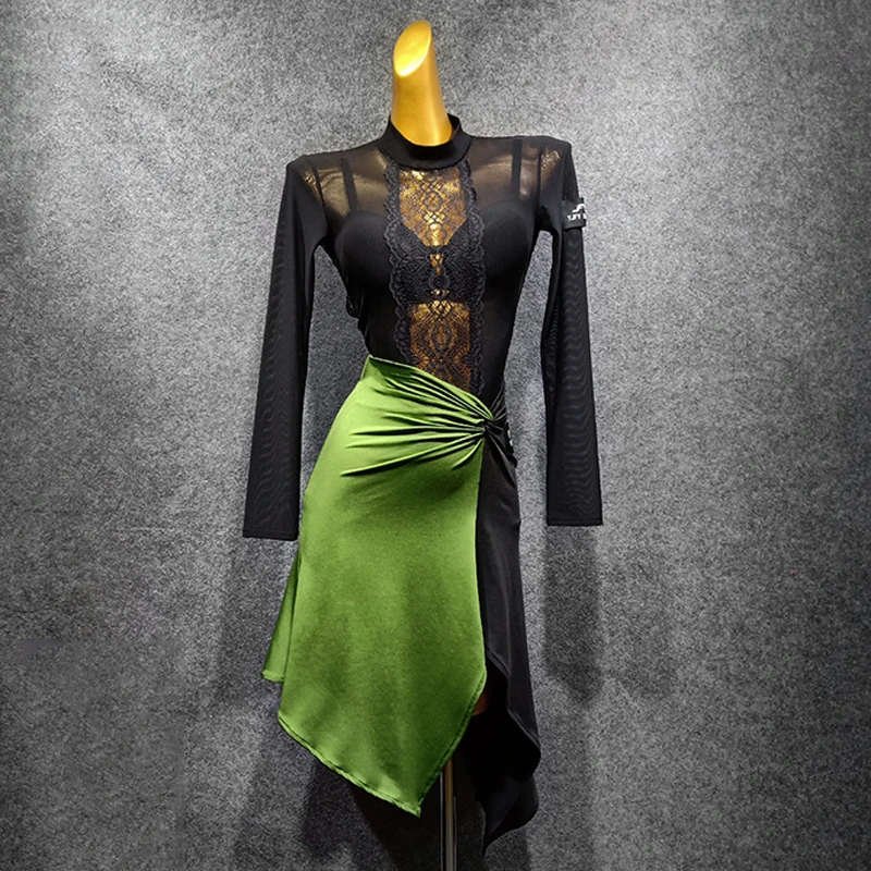 Юбка женская для латиноамериканских танцев черная и зеленая VDB1358 | Тематическая