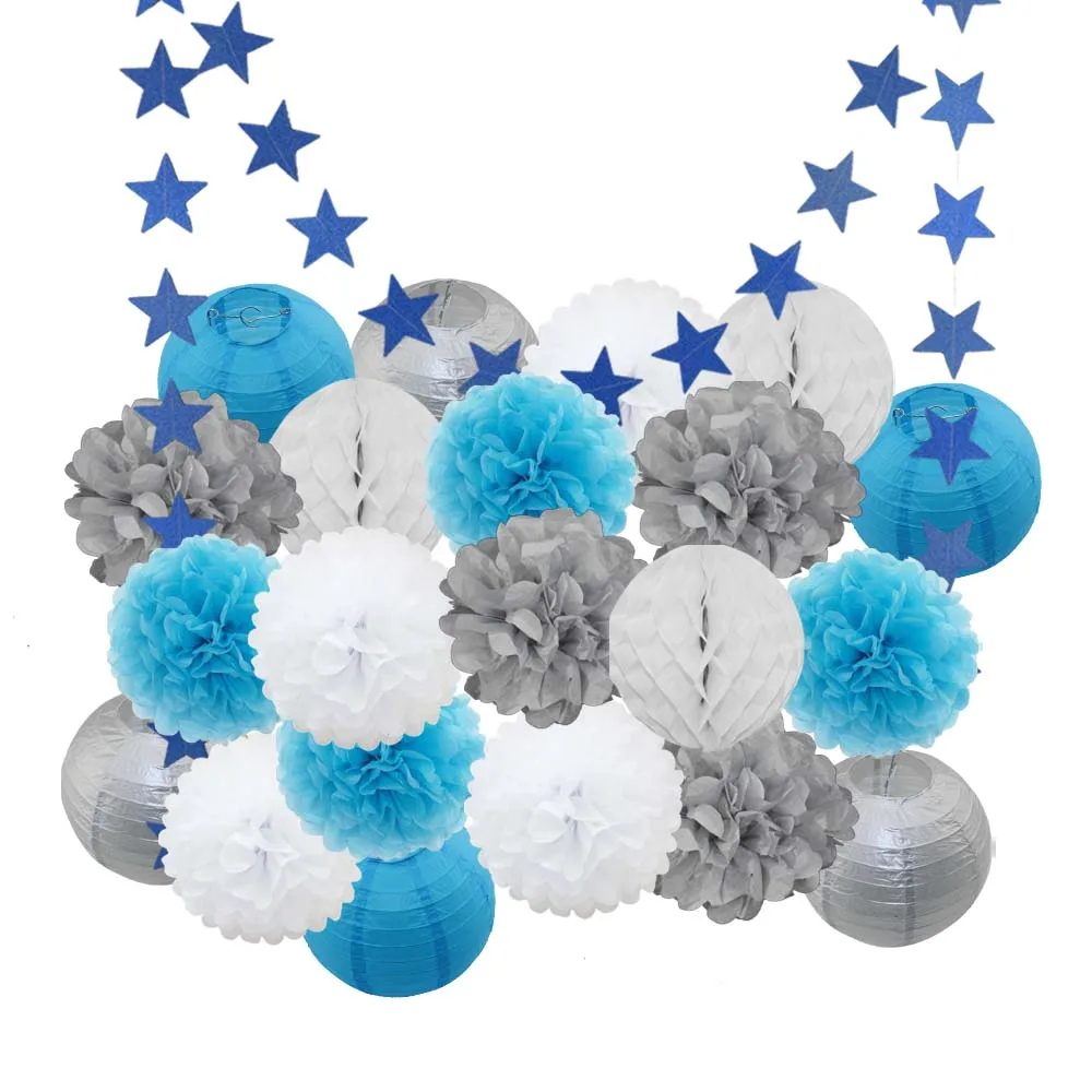 Silver Blue Set Лидер продаж 22 шт./компл. золото/черный/белая Круглая Бумажная Фонари Выпускной 50th День рождения одолжение рождественское год висит Изделия из бумаги - Color: Silver Blue Set