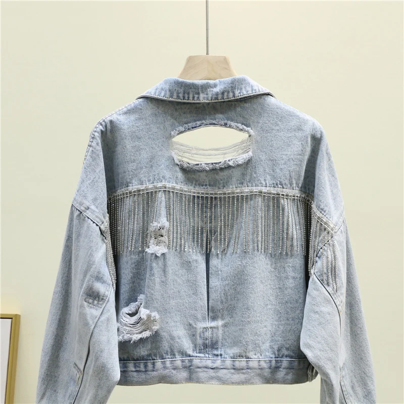 Осенняя Короткая свободная куртка-бомбер с бахромой женские джинсовые куртки