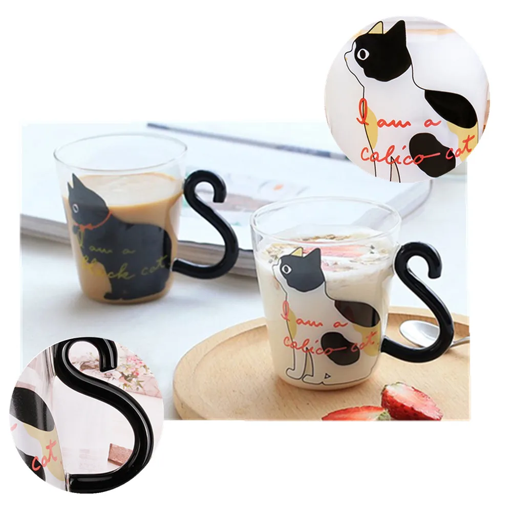 Креативная Милая стеклянная кофейная кружка с черной кошкой набор ручкой в форме