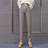 woolen womens harem pants autumn winter thickened warm herringbone pencil pants office lady work wear lace up casual trousers