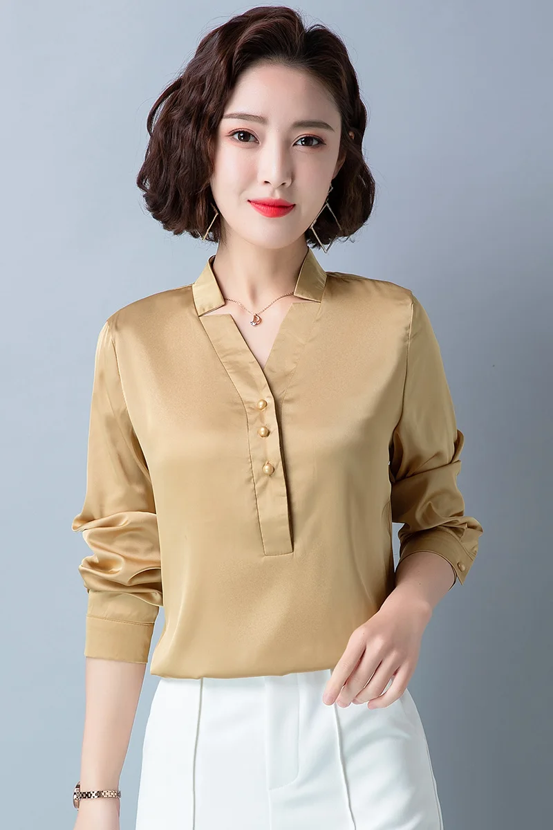 

Korean Fashion Silk Women Blouses Satin Office Lady Shirt and Blouse Loose Long Sleeve Blusas Largas Plus Size Womens Tops