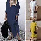 Осеннее женское модное однотонное платье-рубашка макси с длинным рукавом и карманами, с разрезами по бокам