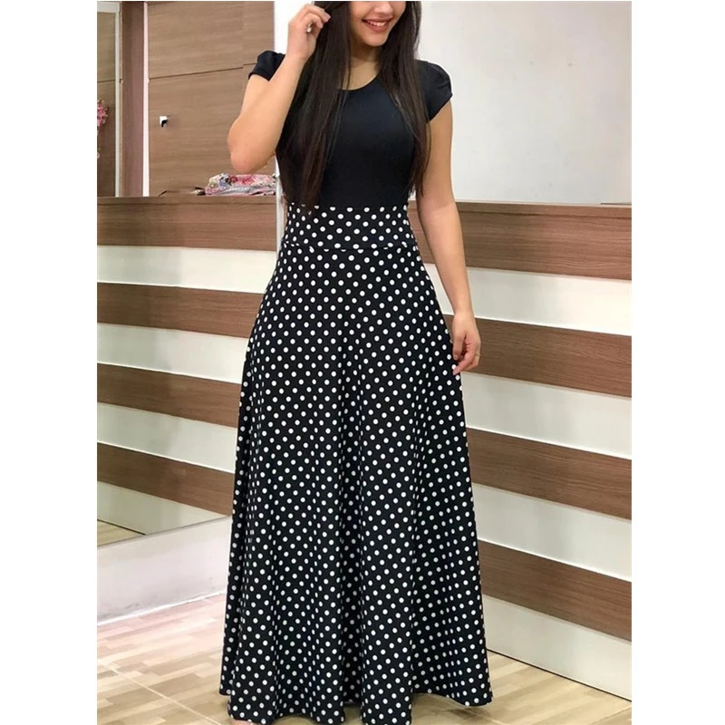 

American dresses women's clothing flower print color matching dresses long skirt short sleeves plus size lady maxi dress LYQ001