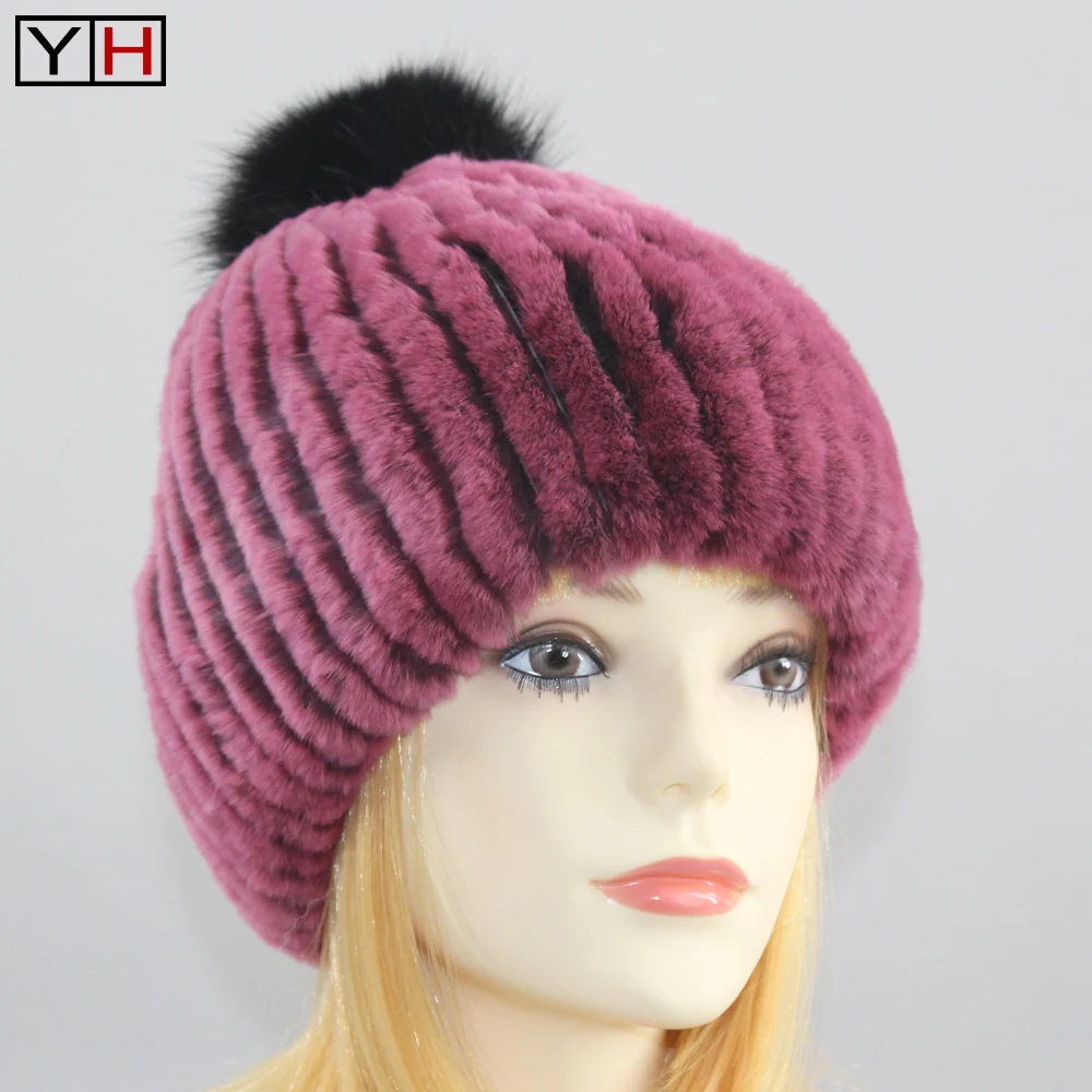 Женские зимние теплые Настоящий мех кролика шапка женские вязаные натуральные
