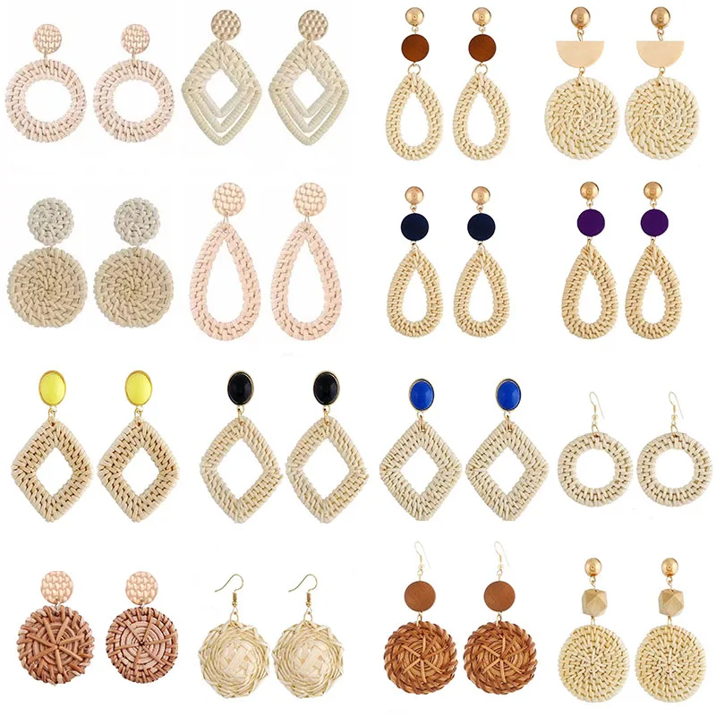 

Bohemian Handmade Geometric Rattan Straw Weave Knit Vine Drop Earrings for Women Korea Wood Earring Jewelry Wholesale