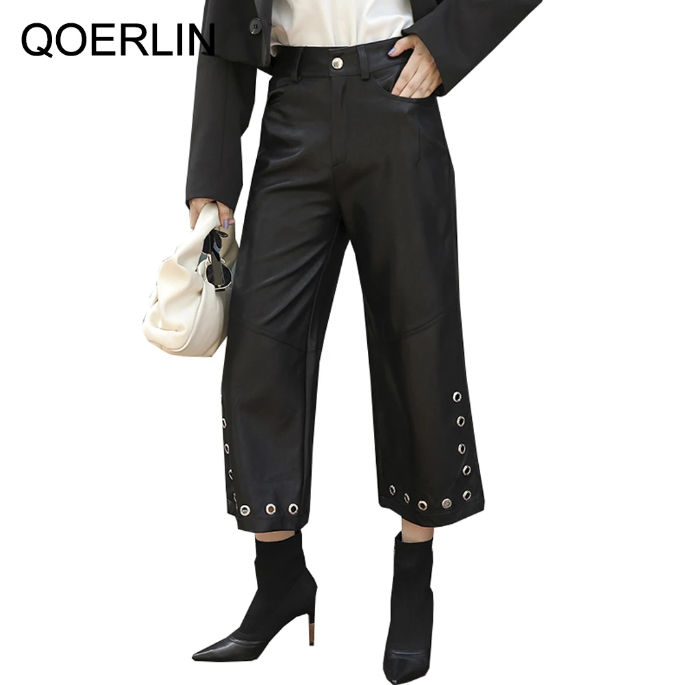 

Женские брюки QoerliN в британском стиле из искусственной кожи укороченные брюки со средней талией повседневные Прямые брюки с широкими штани...