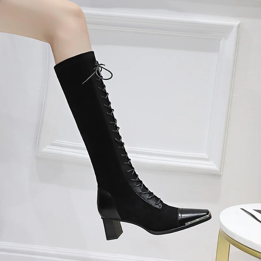 

European and American vintage fashion thick heeled high-heeled metal square-head velvet stitched cross strap strap high boots