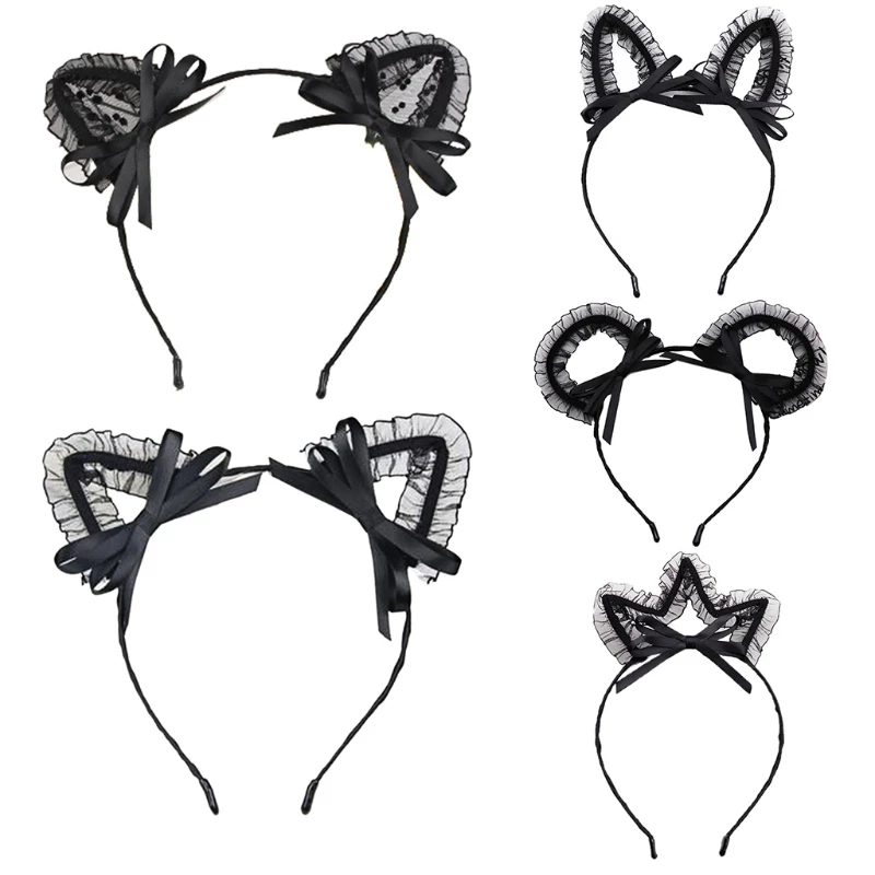 

Обруч для волос с кошачьими ушками, Милая Черная Кружевная повязка на голову с бантом и оборками, для маскарада, вечеринки, косплея, аниме ак...