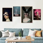 Картина на холсте, с забавными кроличьими ушками и очками, женская, абстрактная картина, шлем инопланетянина, настенный плакат, украшение для гостиной, дома