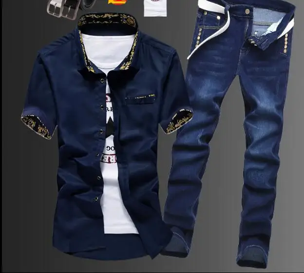 Весна и лето мужская Корейская тонкая рубашка с коротким рукавом джинсовые брюки