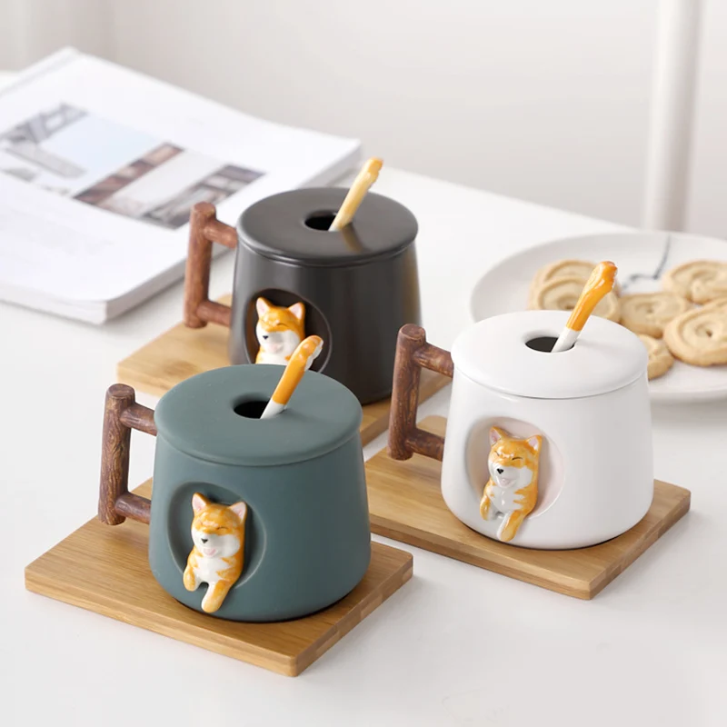 

Мультяшная керамическая кружка, трендовая Личная креативная кружка, кофейная чашка с крышкой и ложкой