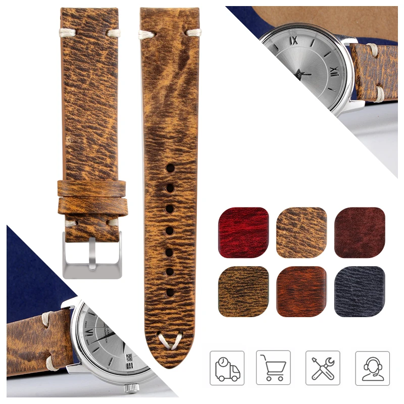 Винтажный ремешок для часов из натуральной кожи прошитый вручную