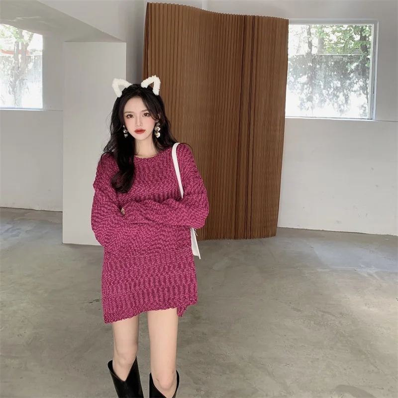 

2021 Autumn Winter New Korean Pullover Thick Knit Sweater Loose And Thin Pullover Mid-Length Retro Lazy Style Sweater Women