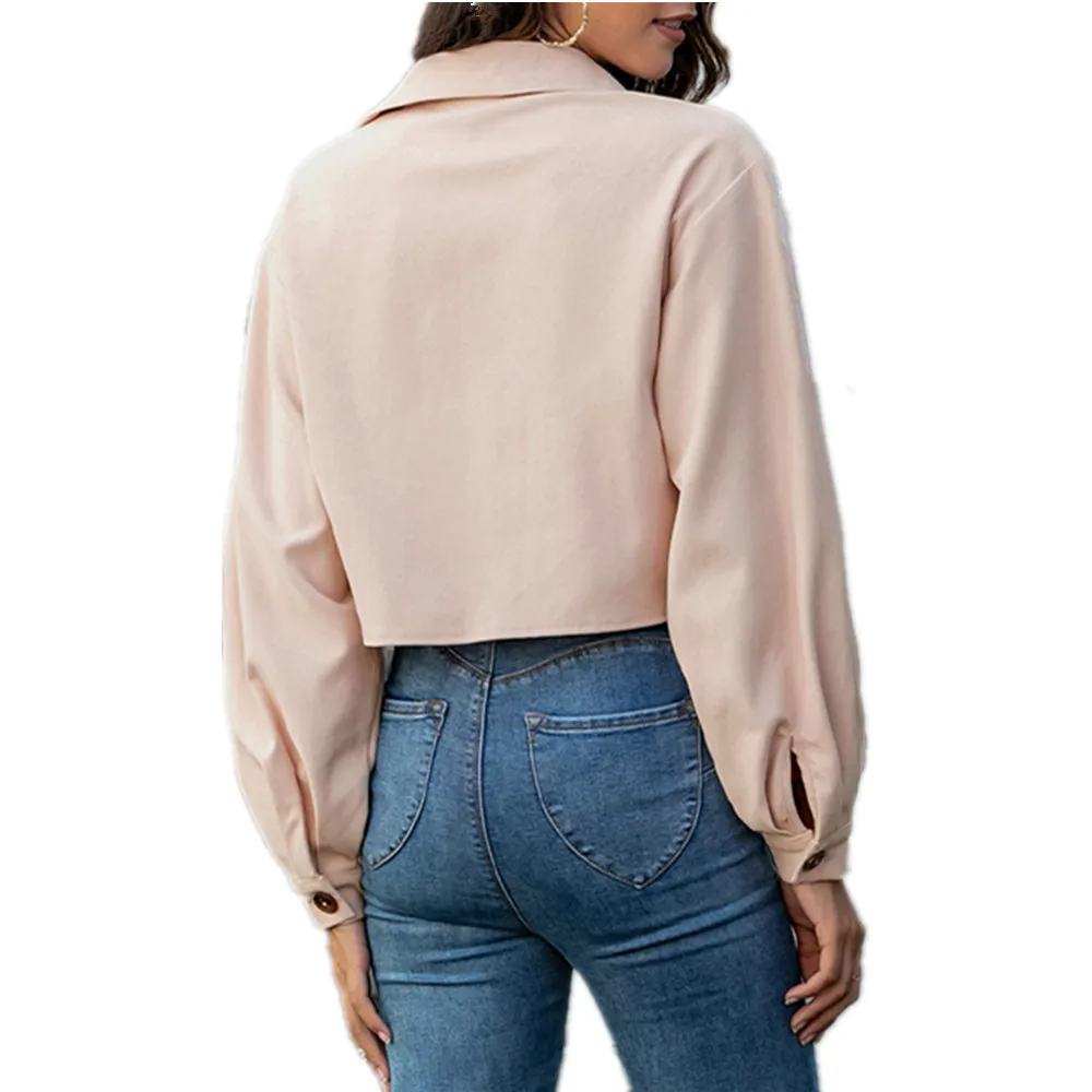 

Pink Casual Slim Jacket Women Autumn Solid Color Lantern Long Sleeves Cardigan Single Breasted Short Style Pocket Jacket Coat