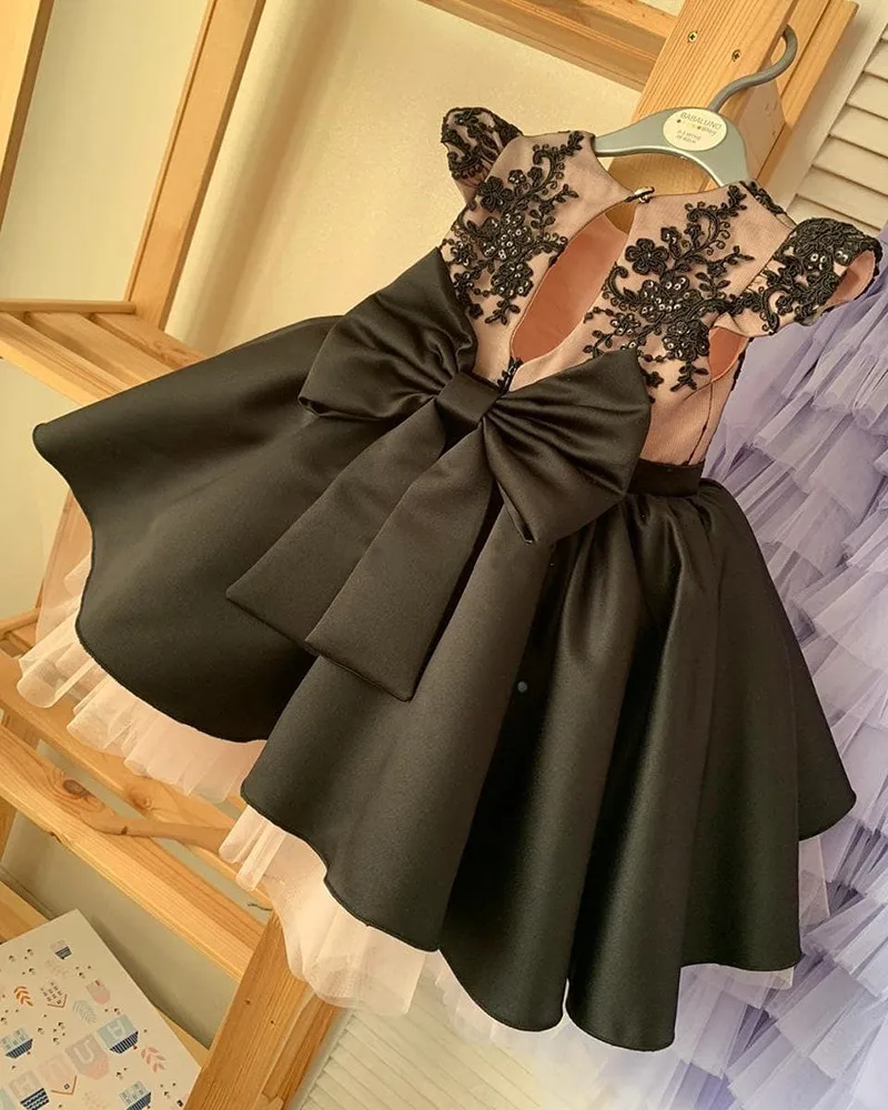 Baby Baptism Dress Black Lace Satin Princess Infant 1 Year Birthday Gown Christmas Party Dress Toddler Girl Clothes 1-14Y enlarge