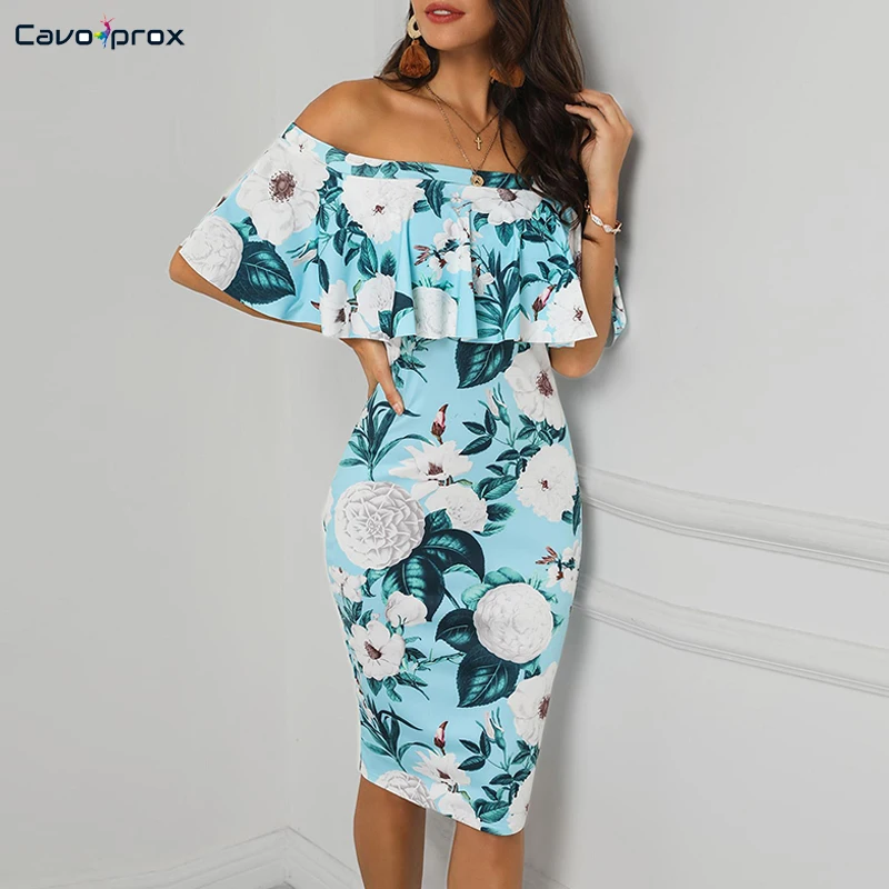 Женское облегающее платье с открытыми плечами и цветочным принтом уличная