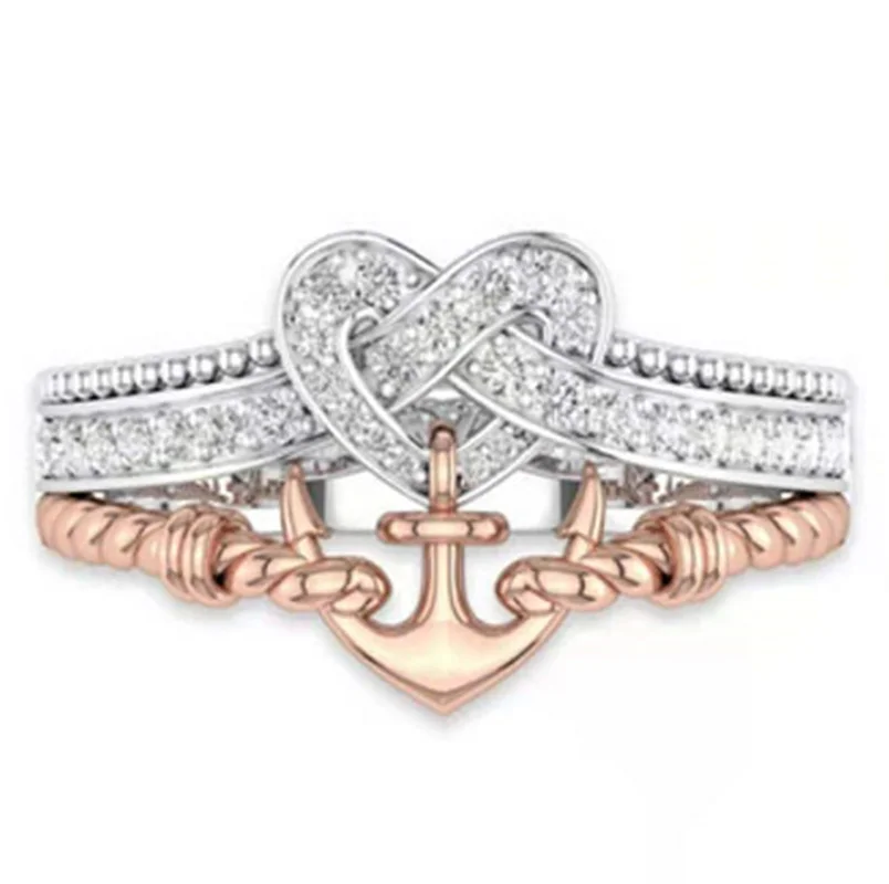

Classic Double Color Sailboat Twisted Interweave Rope Heart Love Anchor Ring with Rhinestone Crystal for Women Party Jewelry