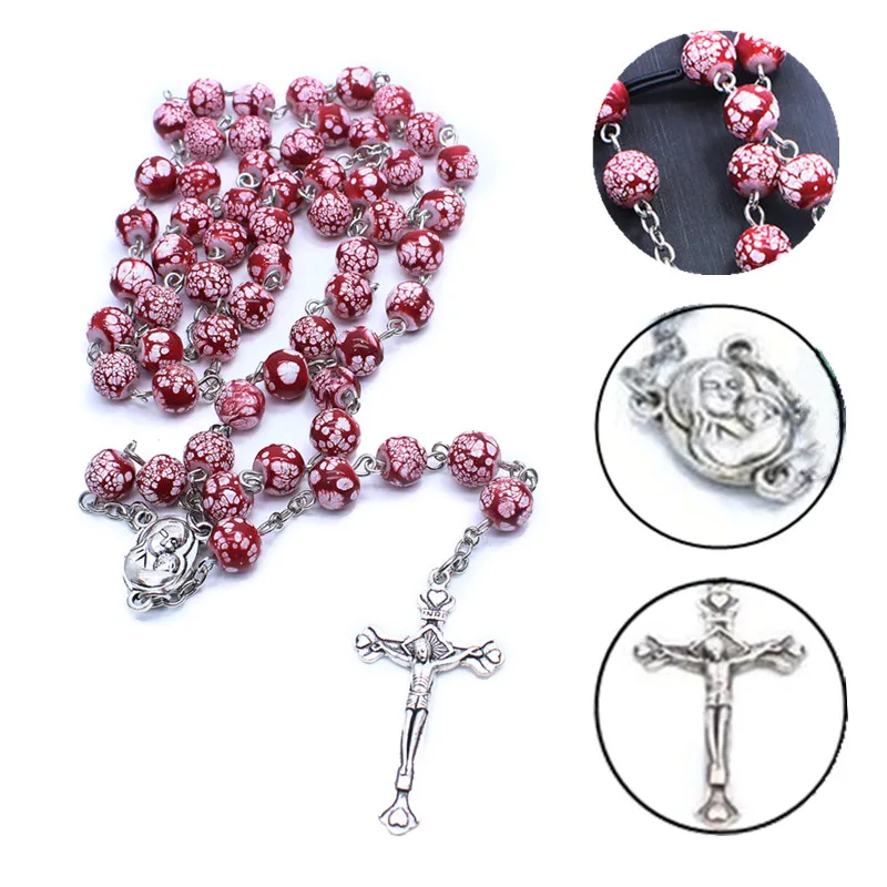 

2 Colors Catholic Rosary Prayer Necklace Imitation Ceramic Religious Ornament Long Pendant Virgin Mary Glass Bead Cross