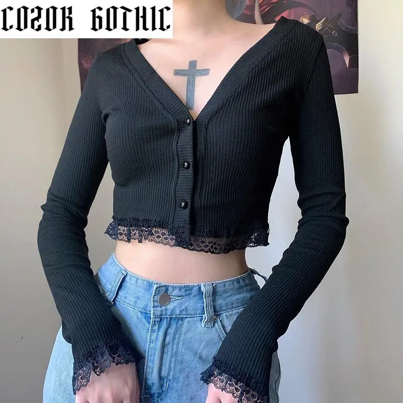 

Autumn Vintage Gothic Lace Black Cardigan Harajuku Sexy V Neck Long Sleeve Crop Top Women Knitted Button Up Cardigan